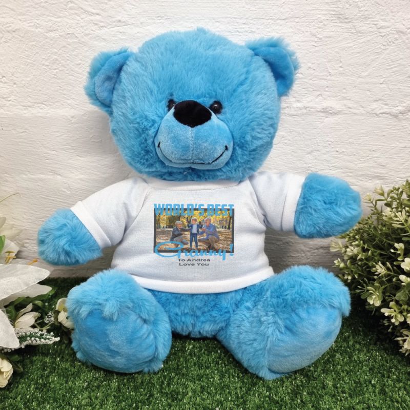 Worlds Best Grandma Photo Bear Bright Blue 30cm