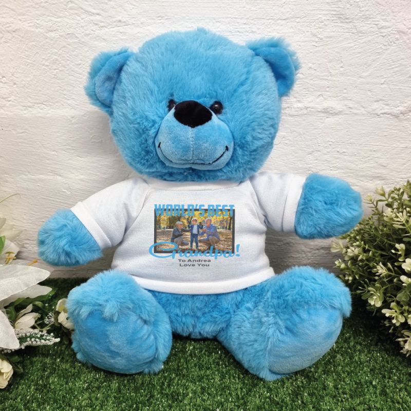 Worlds Best Grandpa Photo Bear Bright Blue 30cm