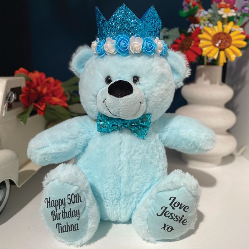 50th Birthday Bear with Party Hat 30cm Blue