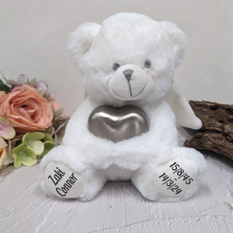 Angel Memorial Bear with Silver Heart Urn For Ashes
