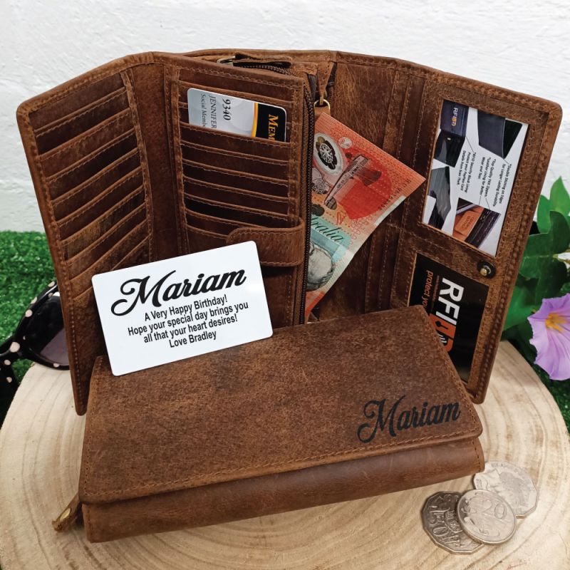 Personalised Brown Leather Purse RFID - Birthday