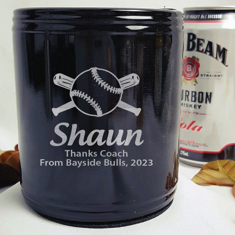 Baseball Coach Engraved Black Stubby Can Cooler