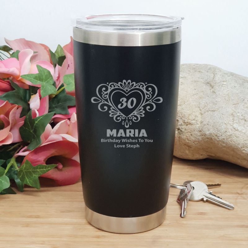 30th Insulated Travel Mug 600ml Black (F)