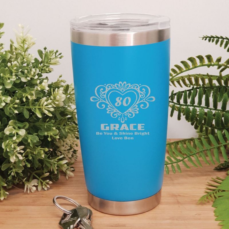 80th Insulated Travel Mug 600ml Light Blue (F)