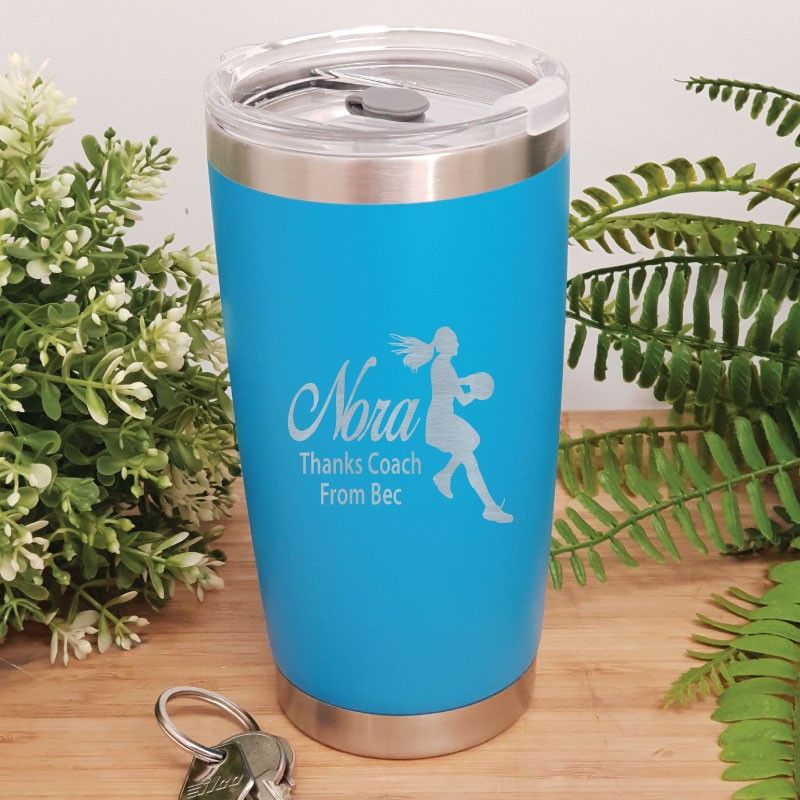 Netball  Coach Engraved Insulated Travel Mug 600ml Light Blue