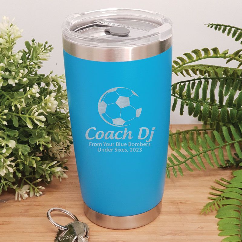 Soccer Coach Engraved Insulated Travel Mug 600ml Light Blue