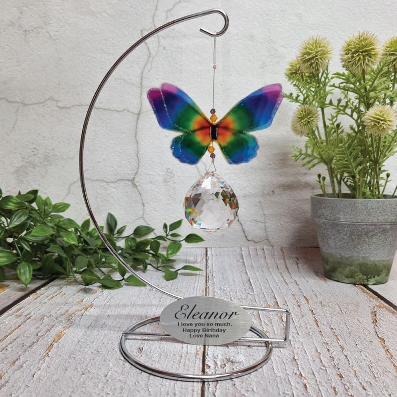 Rainbow Butterfly Suncatcher on Stand with Birthday Plaque