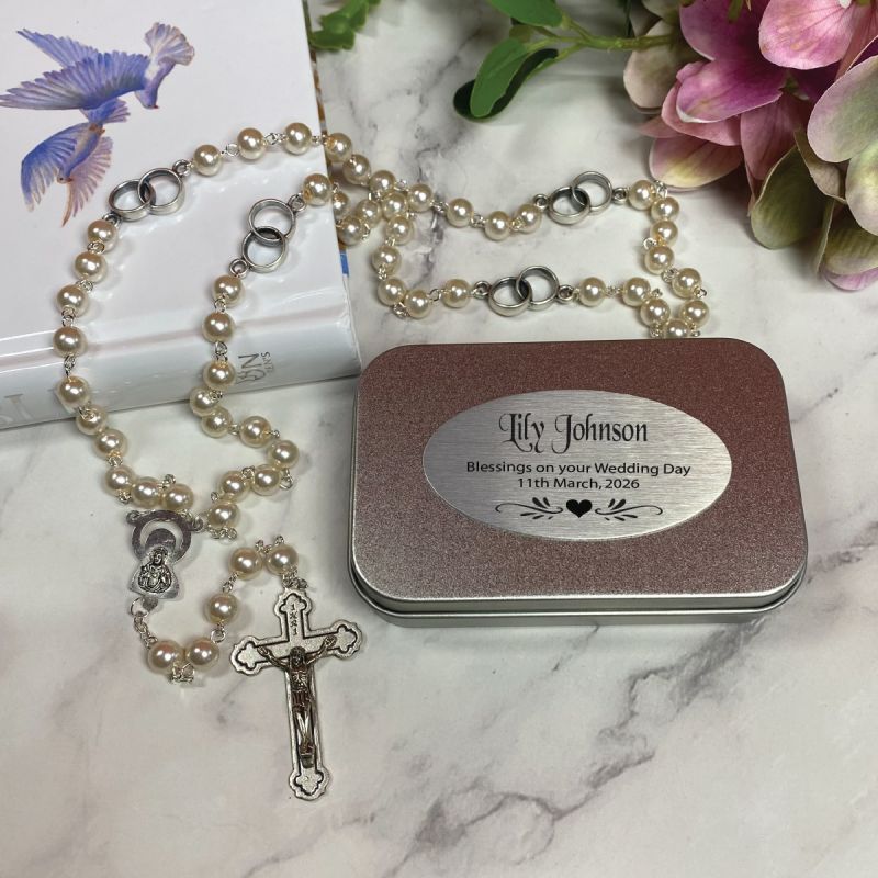 Pearl Rosary Beads Bridal Charm Personalised Tin