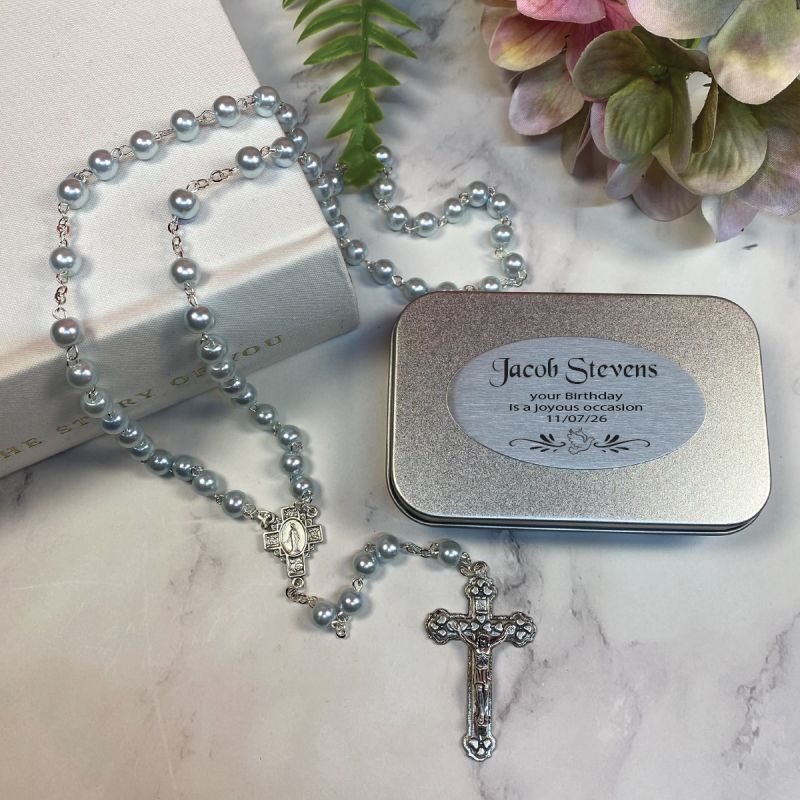Blue Pearl Rosary Beads Personalised Tin