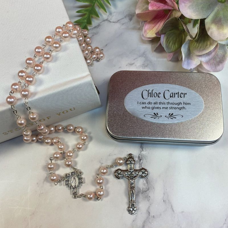 Pink Pearl Rosary Beads Personalised Tin