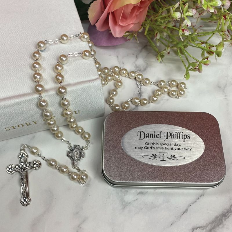 Pearl Rosary Beads Personalised Tin