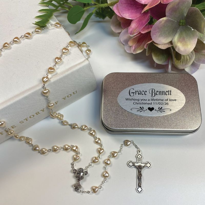 Heart Pearl Rosary Beads in Christening Tin
