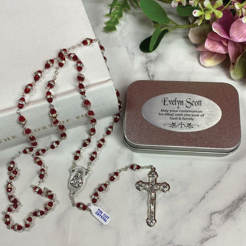 Holy Communion Rosary Beads Red Diamante Personalised Tin