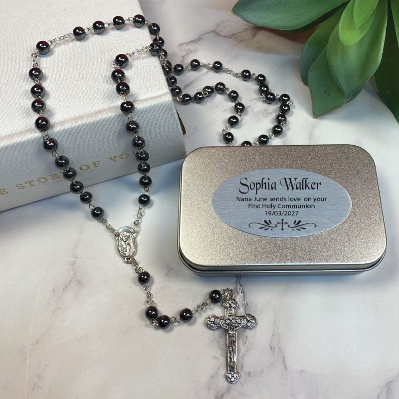 Holy Communion Rosary Beads Hematite Personalised Tin