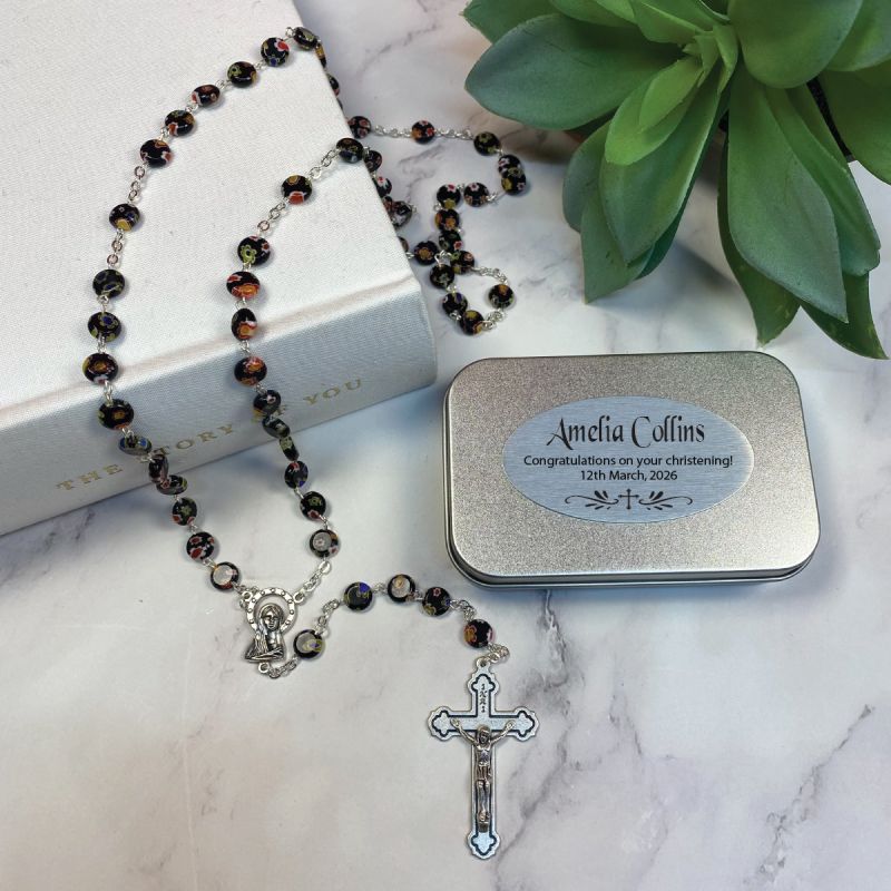Black Murano Christening Rosary Beads Personalised Tin
