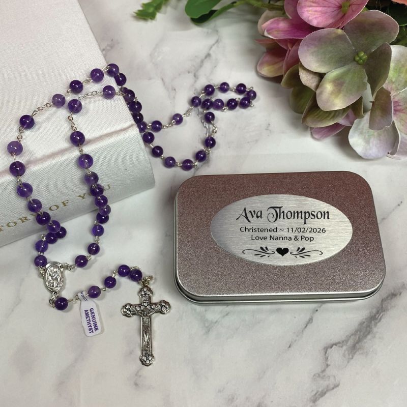 Christening Amethyst Rosary Beads Personalised Tin