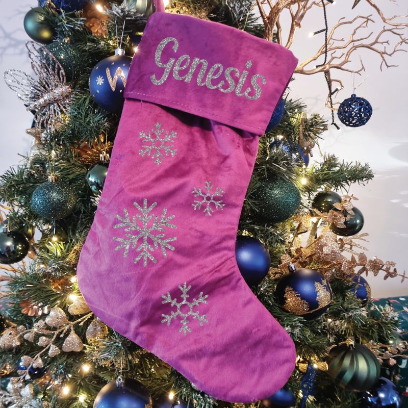 Personalsied Christmas Stocking Magenta Velvet Snowflake
