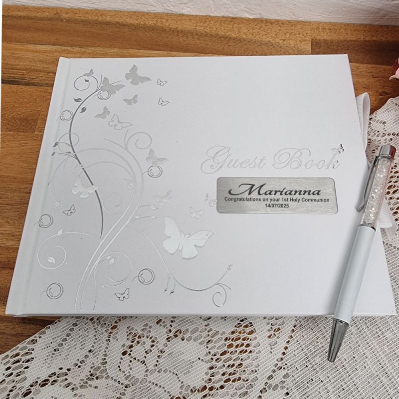 Holy Communion Guest Book White Silver Butterfly