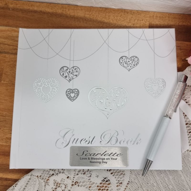 Naming Day Guest Book White Silver Hearts