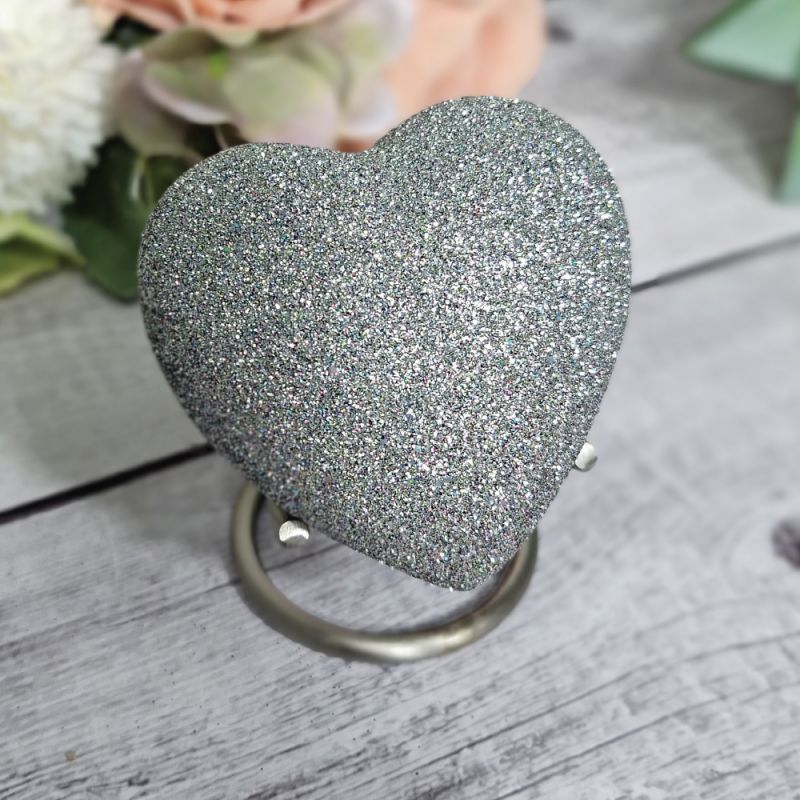 Silver Glitter Heart Urn For Ashes with Stand
