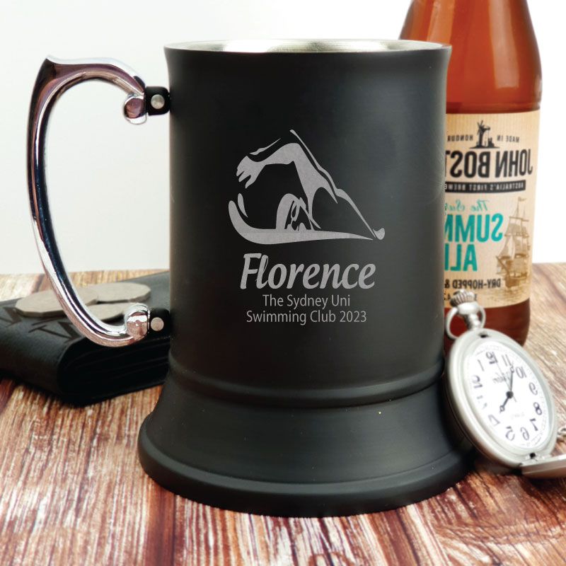 Swim Coach Engraved Black Beer Stein Mug