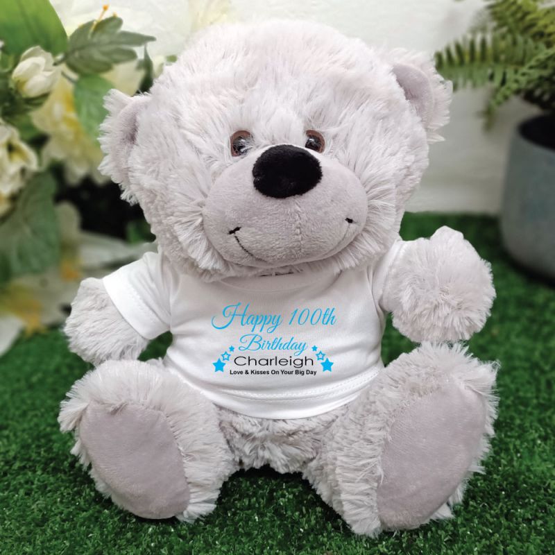 Personalised 100th Birthday Bear Grey Plush