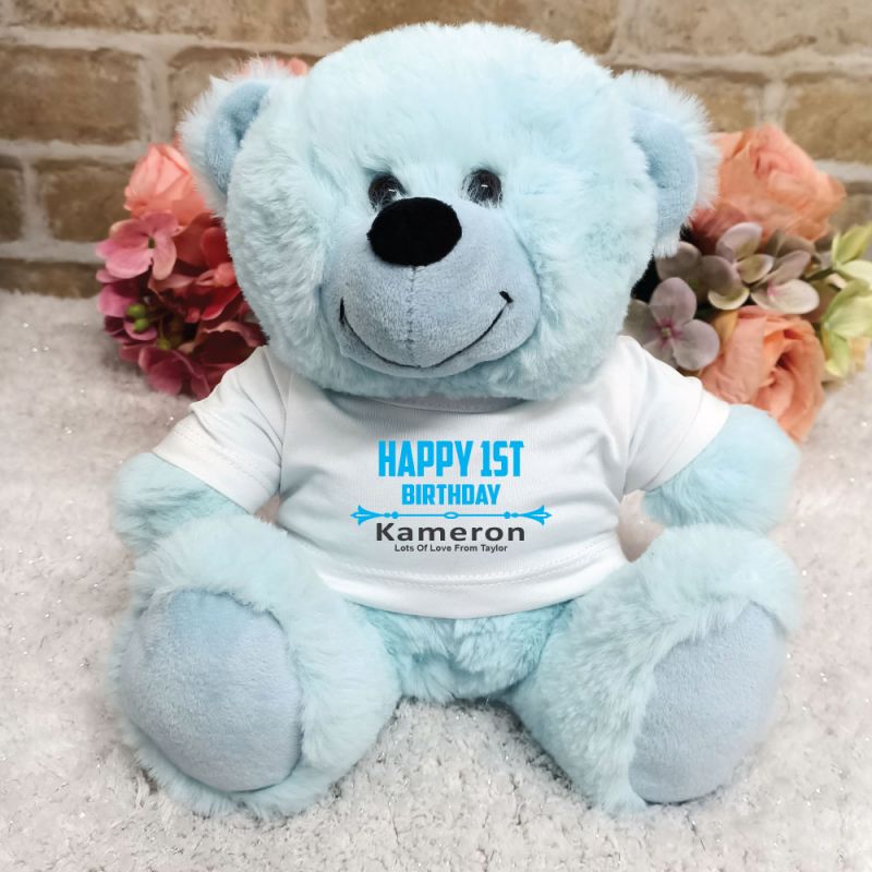 Personalised 1st Birthday Bear Light Blue Plush