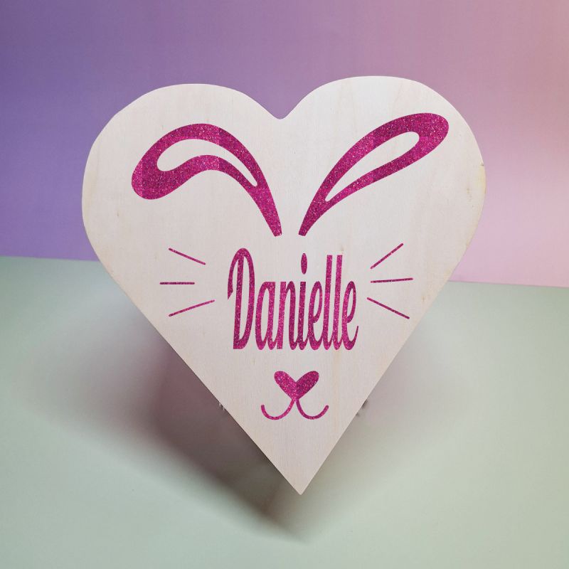 Wooden Easter Heart Box - Glitter Bunny