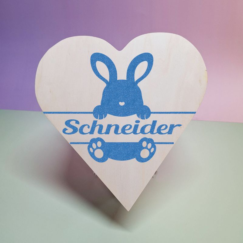 Wooden Easter Heart Box - Glitter Rabbit