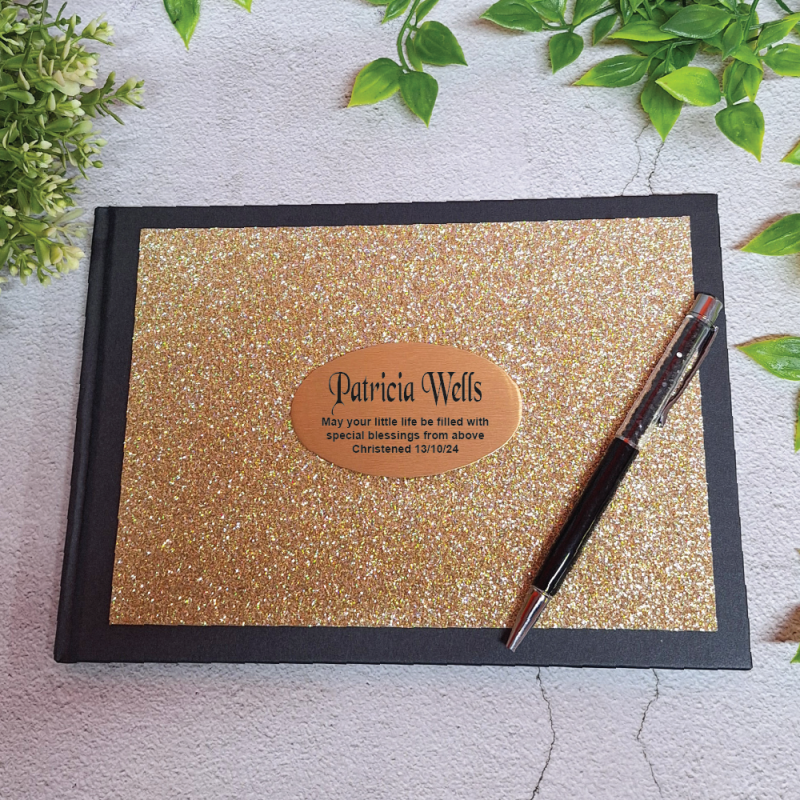 Christening Guest Book Album Gold Glitter & Pen