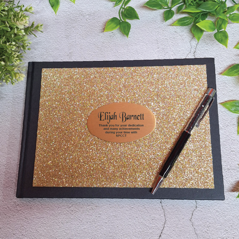 Retirement Guest Book Album Gold Glitter & Pen