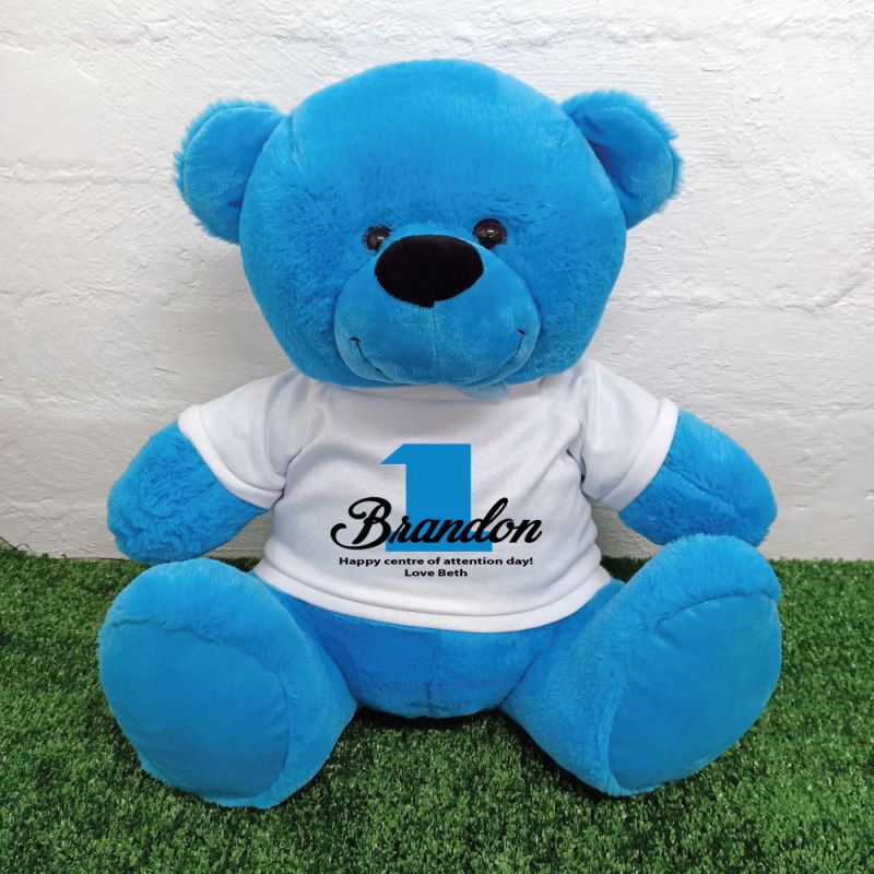 1st Birthday Personalised Bear with T-Shirt - Blue 40cm