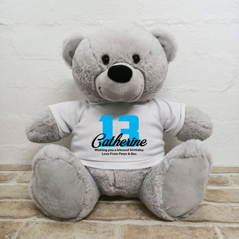 13th Birthday Personalised Bear with T-Shirt - Grey 40cm