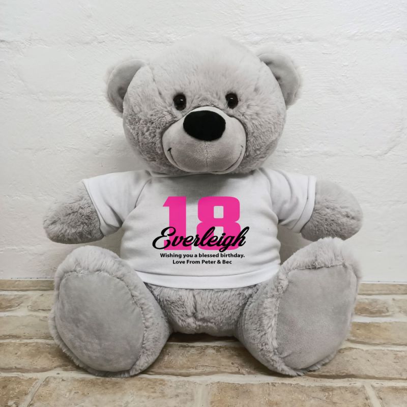 18th Birthday Personalised Bear with T-Shirt - Grey 40cm