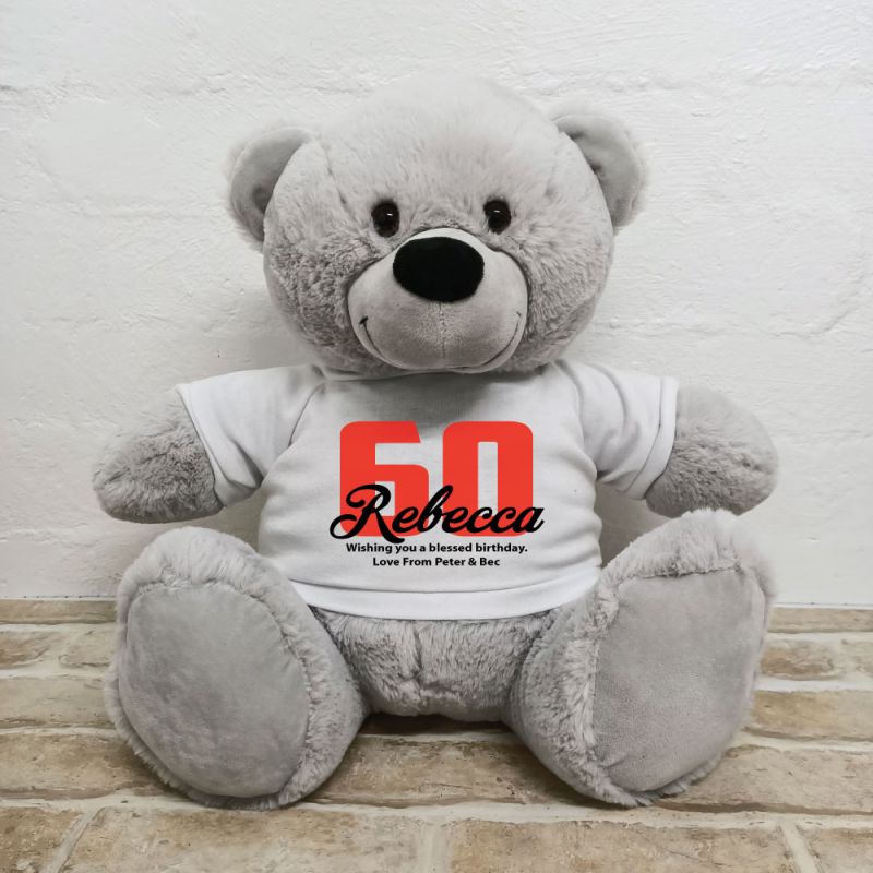 60th Birthday Personalised Bear with T-Shirt - Grey 40cm