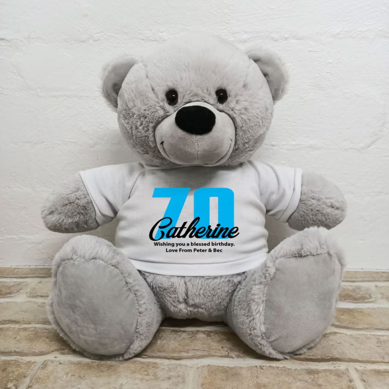 70th Birthday Personalised Bear with T-Shirt - Grey 40cm