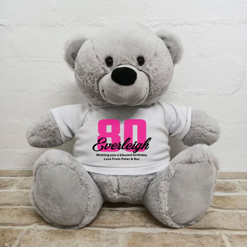 80th Birthday Personalised Bear with T-Shirt - Grey 40cm