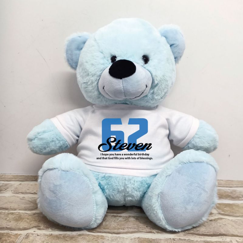 Birthday Personalised Bear with T-Shirt - Light Blue 40cm