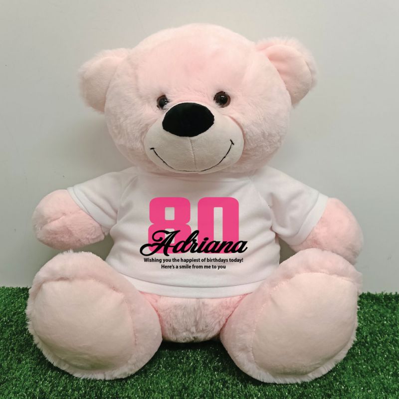 80th Birthday Personalised Bear with T-Shirt - Light Pink 40cm