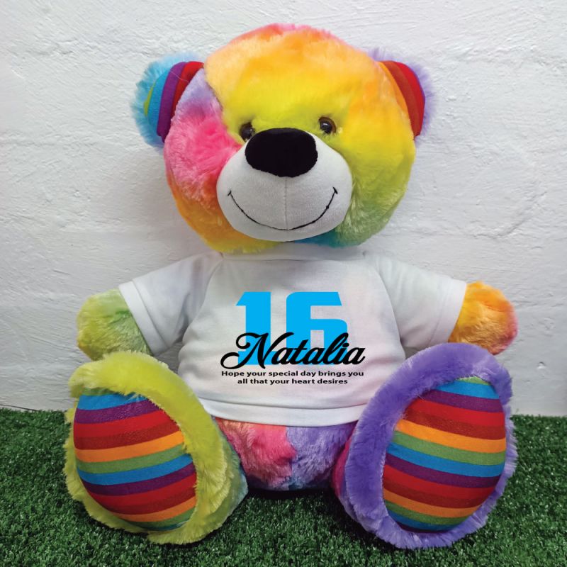 16th Birthday Personalised Bear with T-Shirt - Rainbow  40cm