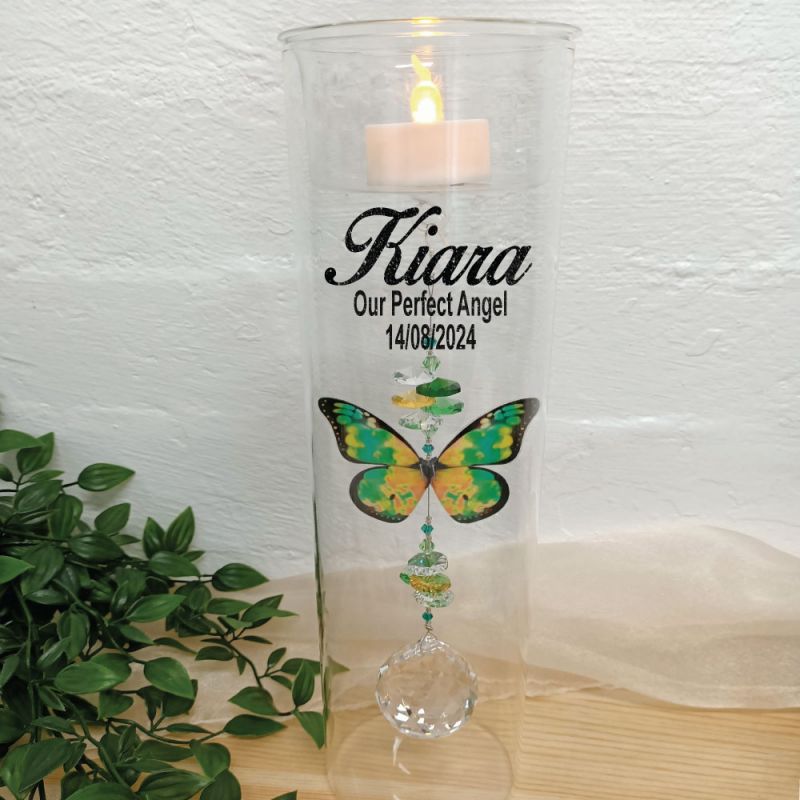Baby Memorial Glass Candle Holder Green Butterfly