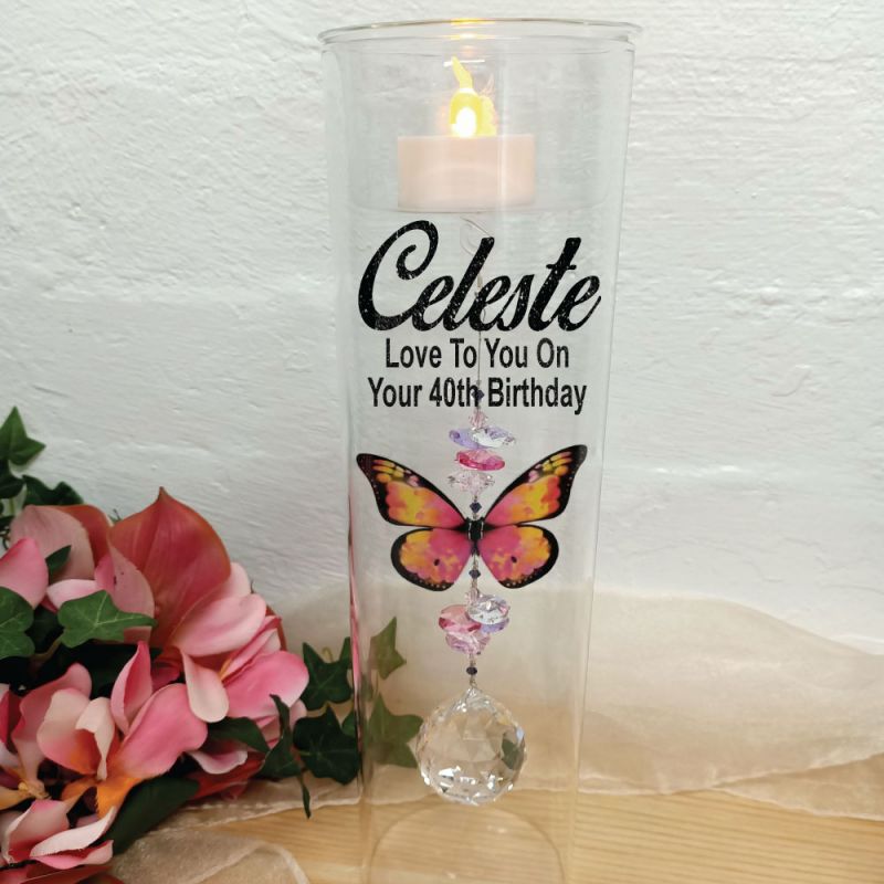 40th Birthday Glass Candle Holder Pink Butterfly