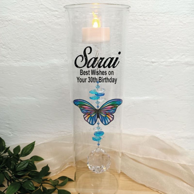 30th Birthday Glass Candle Holder Blue Stripe Butterfly