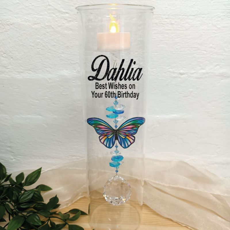 60th Birthday Glass Candle Holder Blue Stripe Butterfly