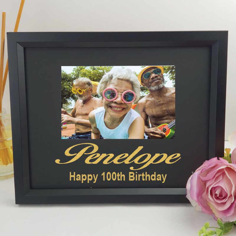 100th Birthday Personalised Photo Frame 4x6 Glitter - Black