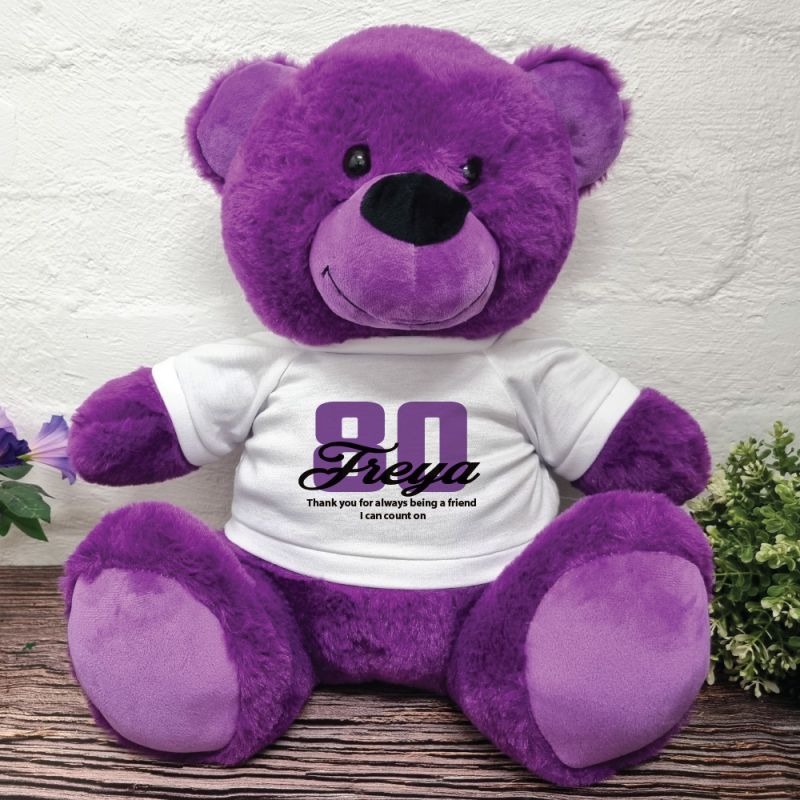 80th Birthday Personalised Bear with T-Shirt Purple 40cm