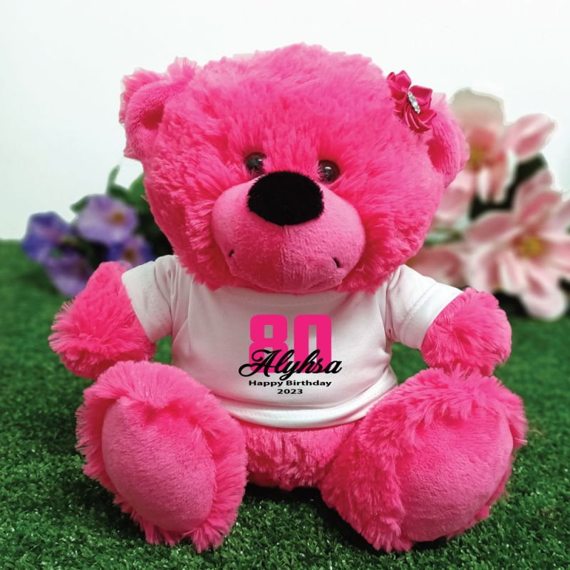 80th Birthday Personalised Teddy Bear Hot Pink Plush