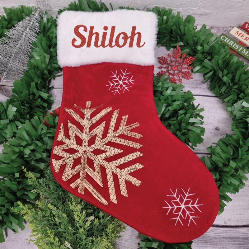Personalised Christmas Stocking Gold Sequin Snowflake