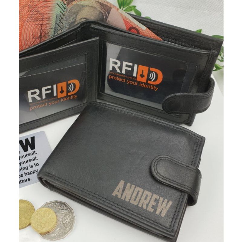 Personalised Black Mens Black Leather Wallet RFID
