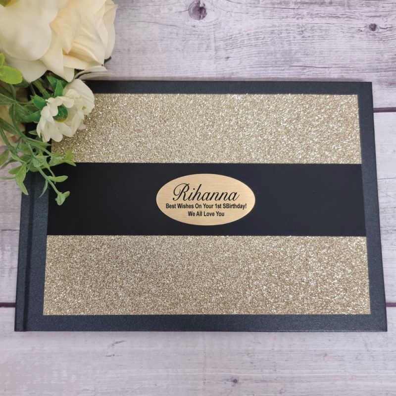 1st Birthday Guest Book Album Gold Glitter Band
